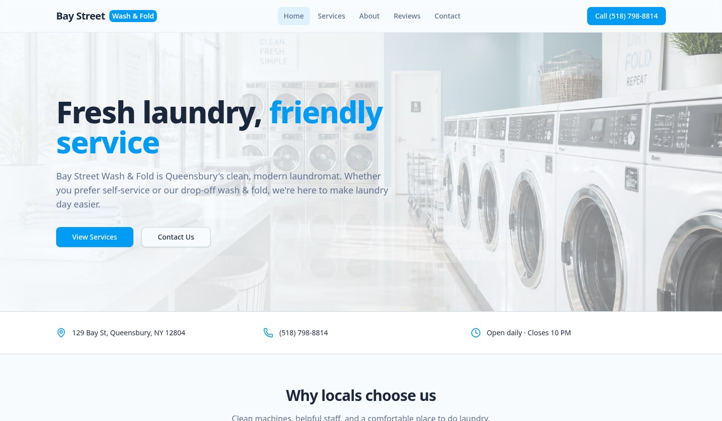 Bay Street Wash and Fold laundromat website homepage designed by AP Communication